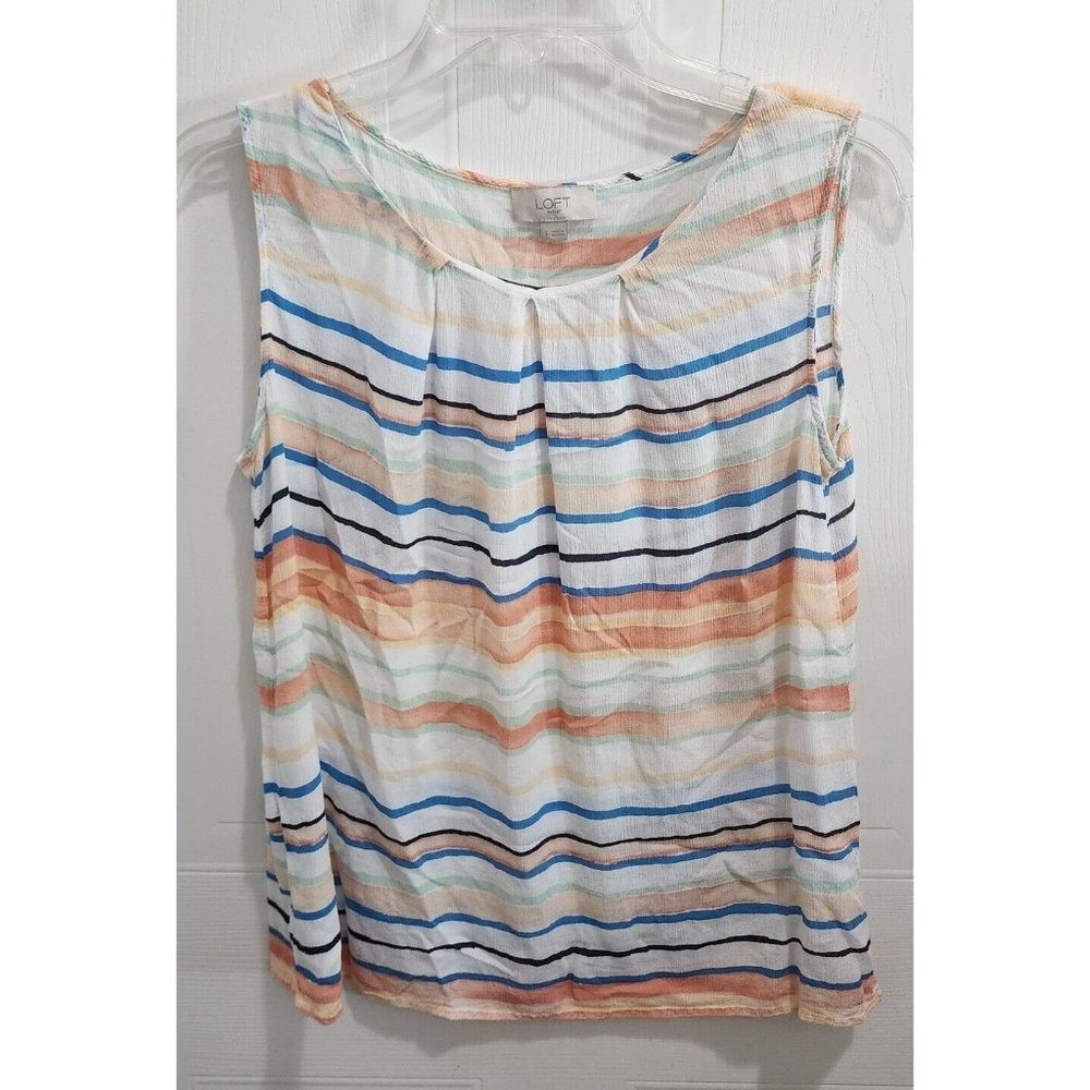 LOFT Women's Sleeveless Blouse Top Pleated Scoop Neck Multicolor Striped Size S‎